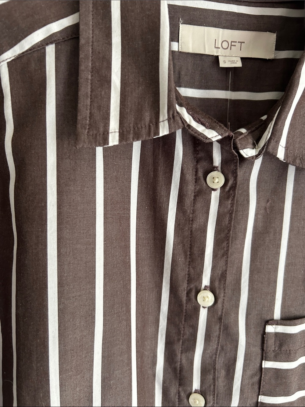 LOFT Striped Button-Down Shirt in Brown and White NWT Small - Picture 3 of 5